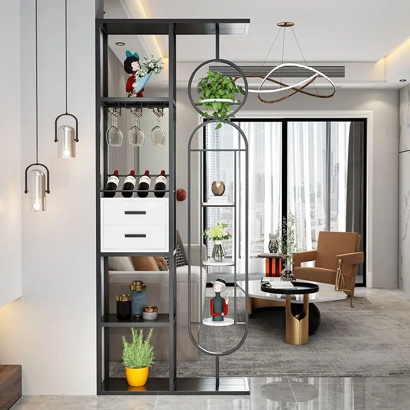 Entrance to the home screen wine cabinet partition living room simple with drawer rack non-punching floor metal screen cabinet