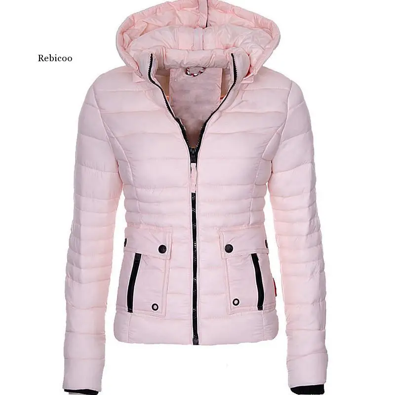 

Women Winter Coat Warm Hooded Casual Short Padded Jacket Long Sleeve Down Jackets Zipper Slim fit Outerwear
