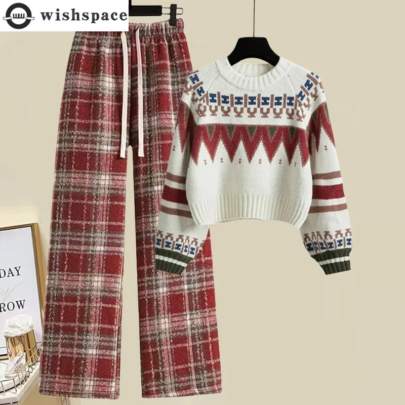 

Autumn and Winter Loose Set Women's Fashion Short Knitted Sweater High Waist Look Slim Checkered Casual Pants Two Piece Set