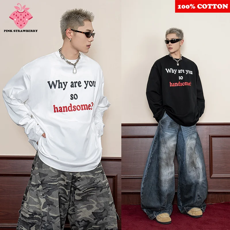 

Funny Street Letter Print T-shirt Men Autumn 2025 New 100% Cotton Casual Round neck Long sleeved T-shirt Y2k Tops Men clothing