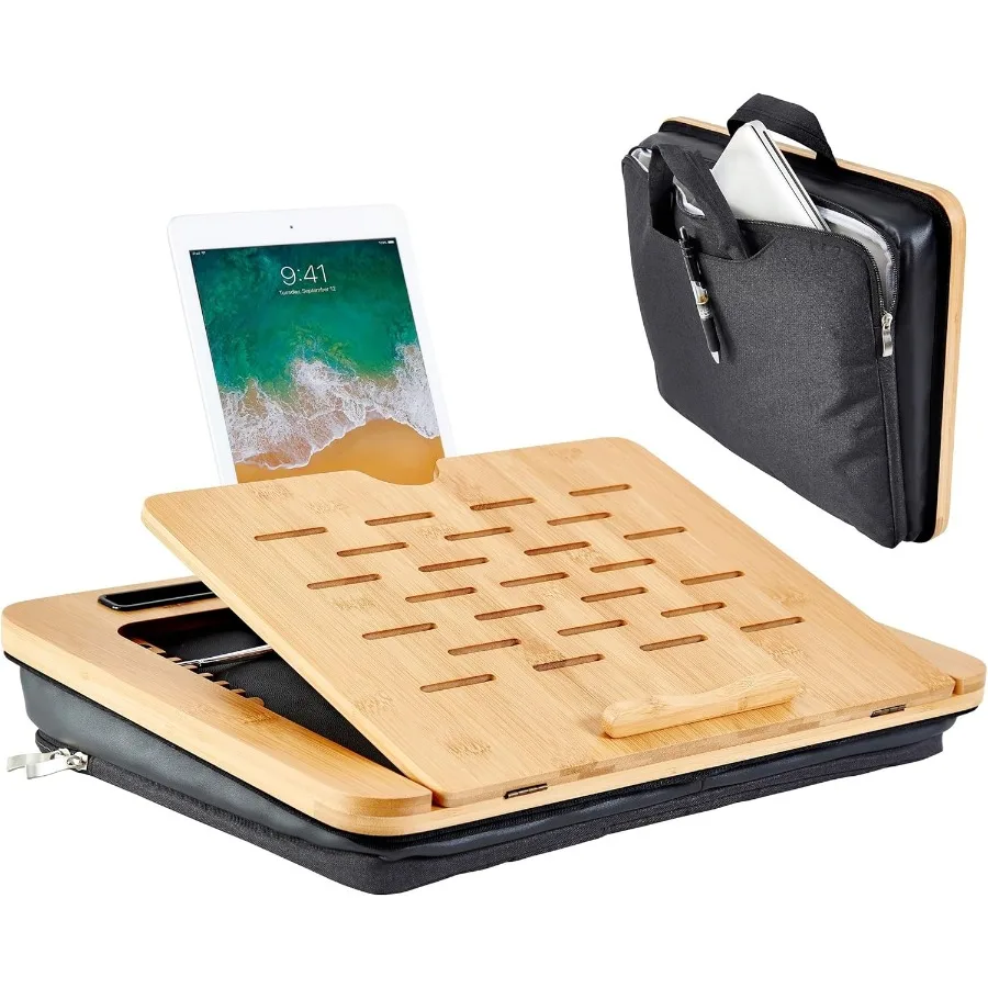 

Portable Bamboo Lap Desk for Laptop Angle Adjustable with Cushion and Sleeve Case Laptop Stand Bamboo top Small