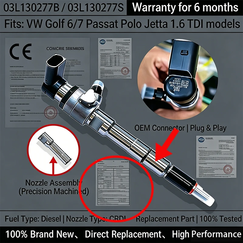 Diesel Fuel Injector for VW Golf 6/7 Passat Polo Jetta Audi Skoda 1.6 TDI Replacement Part Number 03L130277B 03L130277S