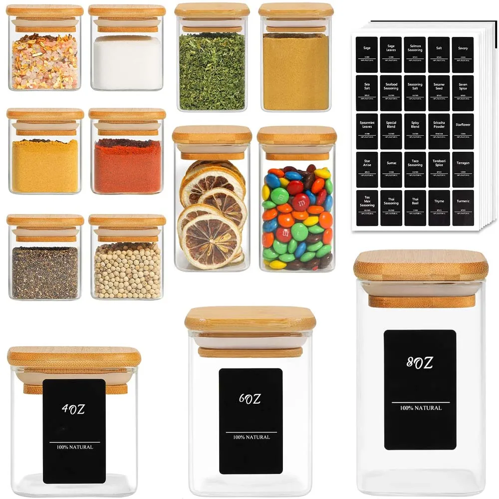 Glass Spice Jar Set, Mini Clear Food Storage Containers for pantry, kitchen canisters for Tea, Herbs, Sugar, Salt, Coffee