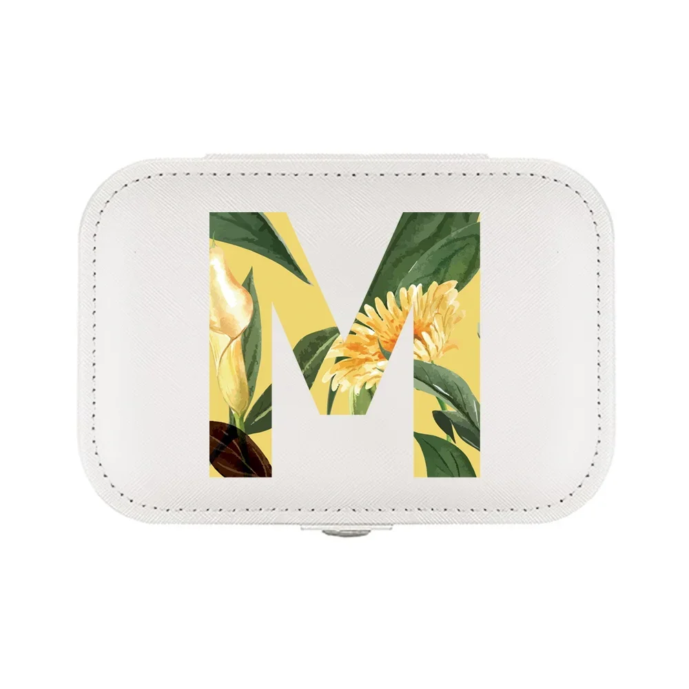 Jewelry Box Earrings Storage Bag Desktop Drawer Necklace Ring Holder PU Leather Organizer Display Flower and Green Letters Theme