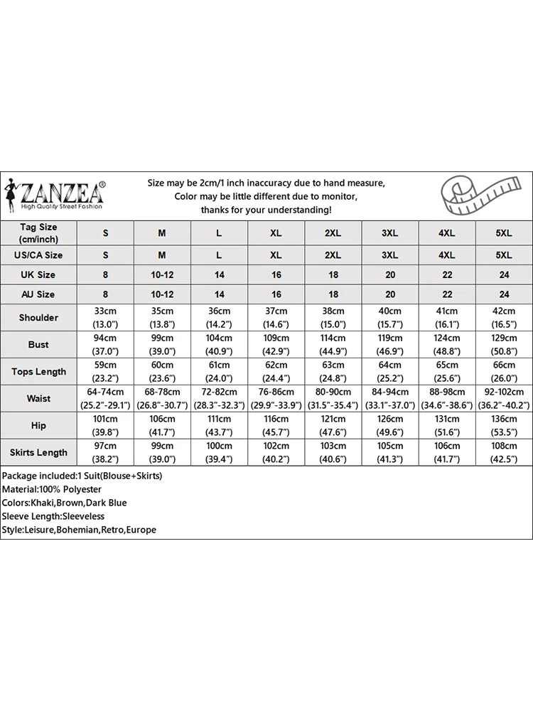 Eleganckie damskie zestawy sukienek ZANZEA Letnie topy bez rękawów Spódnica Garnitury 2szt Casual Solidne stroje robocze Koreańska moda OL Dresy