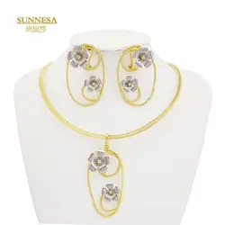 SUNNESA Elegant 18k Gold Plated France African Jewelry Set Oval Flower Dubai Necklace for Women Stud Earrings