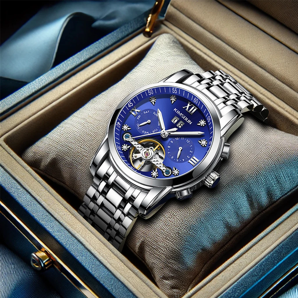 

Новые мужские часы, серебристо-синие стальные полоски, ограниченная серия, модные и красивые механические часы с тремя глазами и светящимся календарем