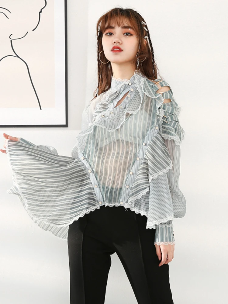 DEAT Women Asymmetrical Bow Organza Metal Button Runway Dress New Stand Neck Long Puff Sleeve Fashion Autumn Autumn 2024 2F0289