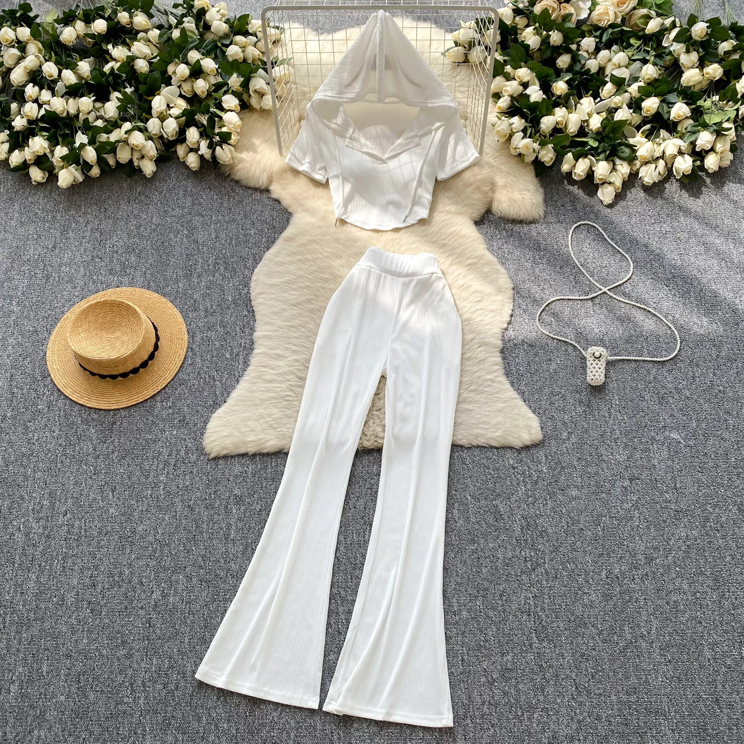 

Female Hooded Summer Sets Women Simple Solid Top Shirts Long Flare Sleeve Pants Y2K Ins Chic Korea Style Evening Night Out Sets