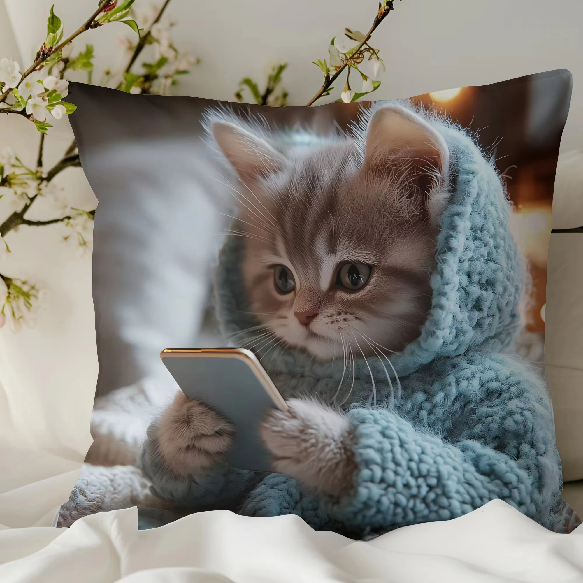 1pc Funny Cat Using Phone Print Pillow Cover, Polyester 2D Double-Sided Printing, Comfortable Throw Pillow Case for Study Window