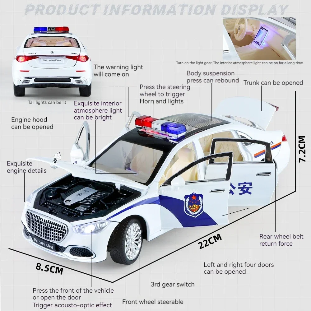 Maybach-Modèle de voiture de police S680, jouet en alliage moulé sous pression, 6 portes ouvertes, absorption des chocs, son Swat, lumière, modèle de véhicule, cadeau pour garçon, 1/24