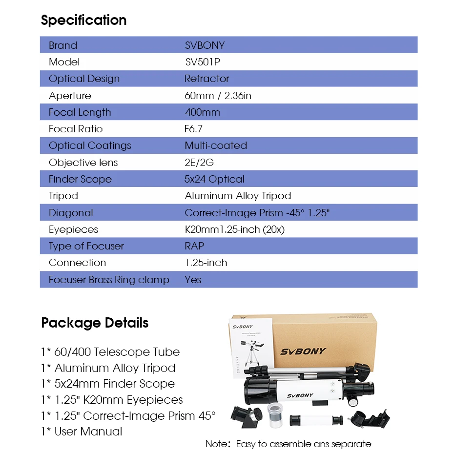 SVBONY SV501P Telescope for Beginners Adults, Astronomical Refracting Telescope for Gift Moon Planets, Astronomical Telescope