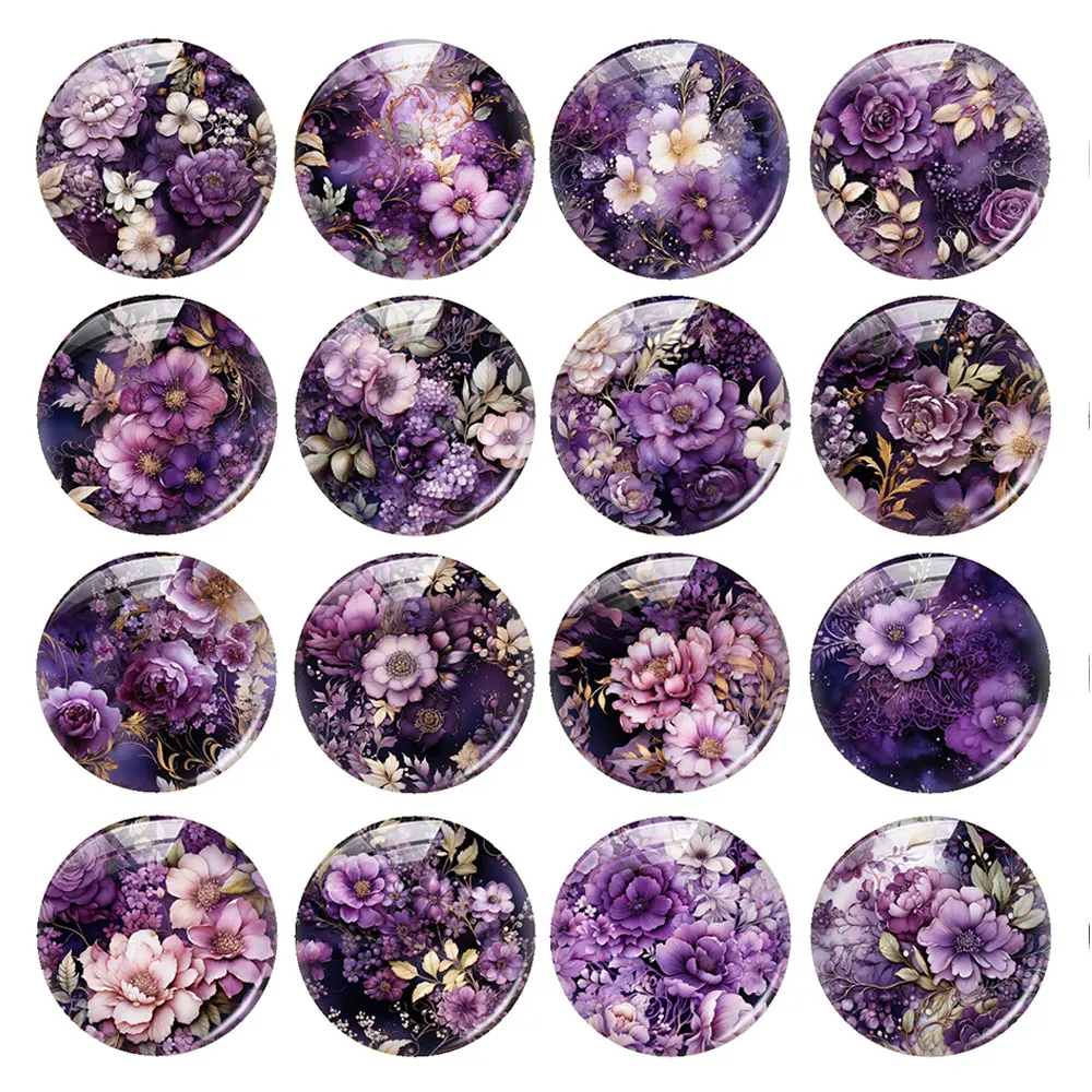Random Mixed Round/Oval/Square Dark Purple Flower Floral Ink Photo Glass Cabochon Flatback Demo Cameo For Diy Jewelry Making