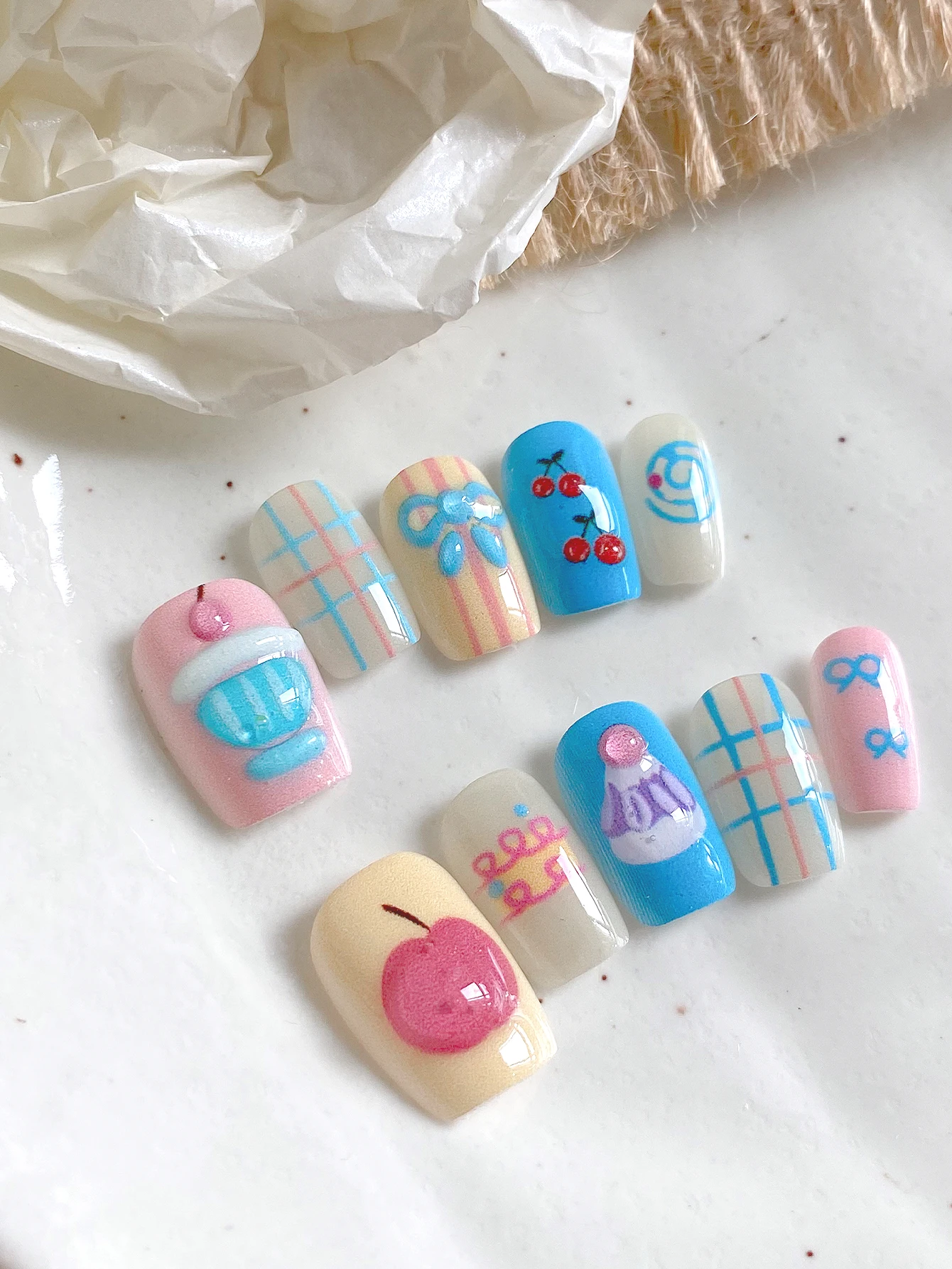 10-Piece Set of Apple and Cherry Ice Cream Plaid Bow Short Square Dopamine Soft Girl Handmade Nail Art, Suitable for Daily Campus Wear, Picnics, Dopamine Outfits, Japanese Soft Girl Style, Floral Dresses, Afternoon Tea Date Looks