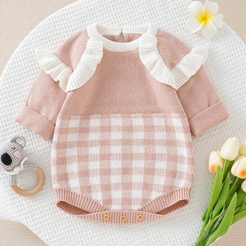 Autumn Winter Newborn Kids Baby Girls Long Sleeve Sweet Grid Knit Rompers Infant Baby Girl Children Clothes Rompers