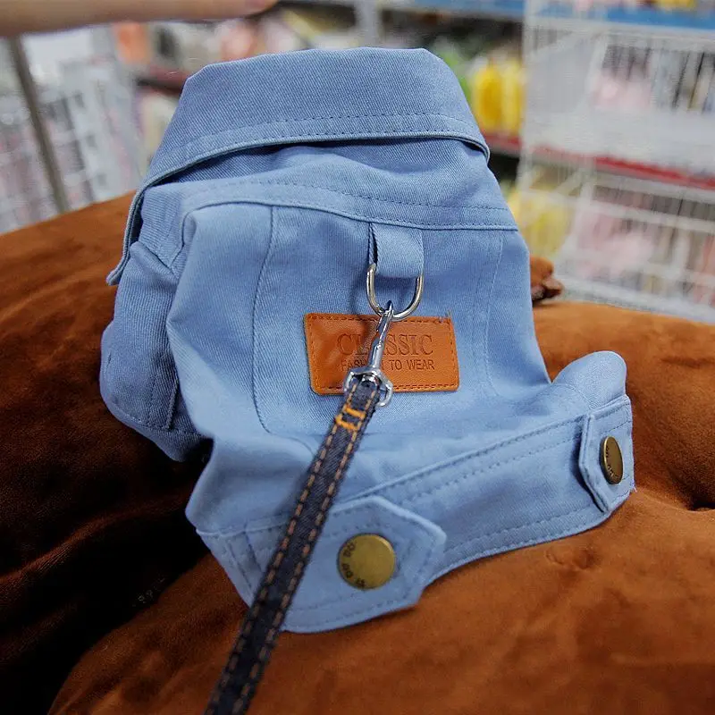 Spring Dog Suit Outfits Denim Coat Clothes with D Leash Ring for Small Medium Dogs Puppies Pet Color Jean small Dog Costume