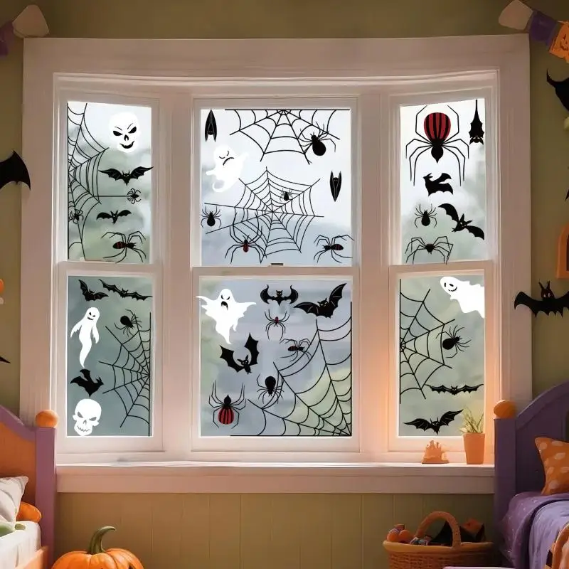 Halloween Window Stickers Set Pumpkin Bat Castle Pattern Wall Decals For Spooky Halloween Decorations