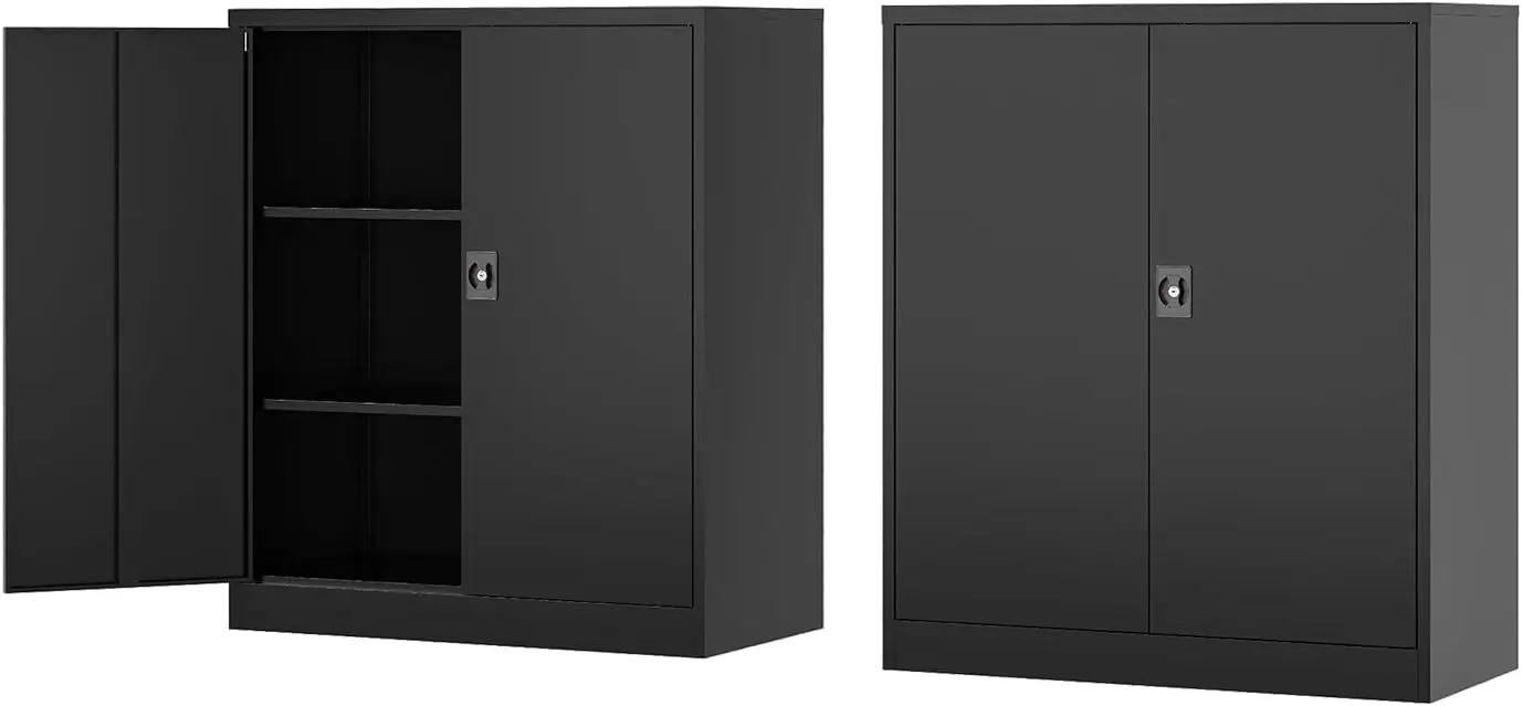 Metal Storage Cabinet-36” Tall Steel File Cabinets with Lockable Doors and Adjustable Shelves-Black Steel Storage Cabinet