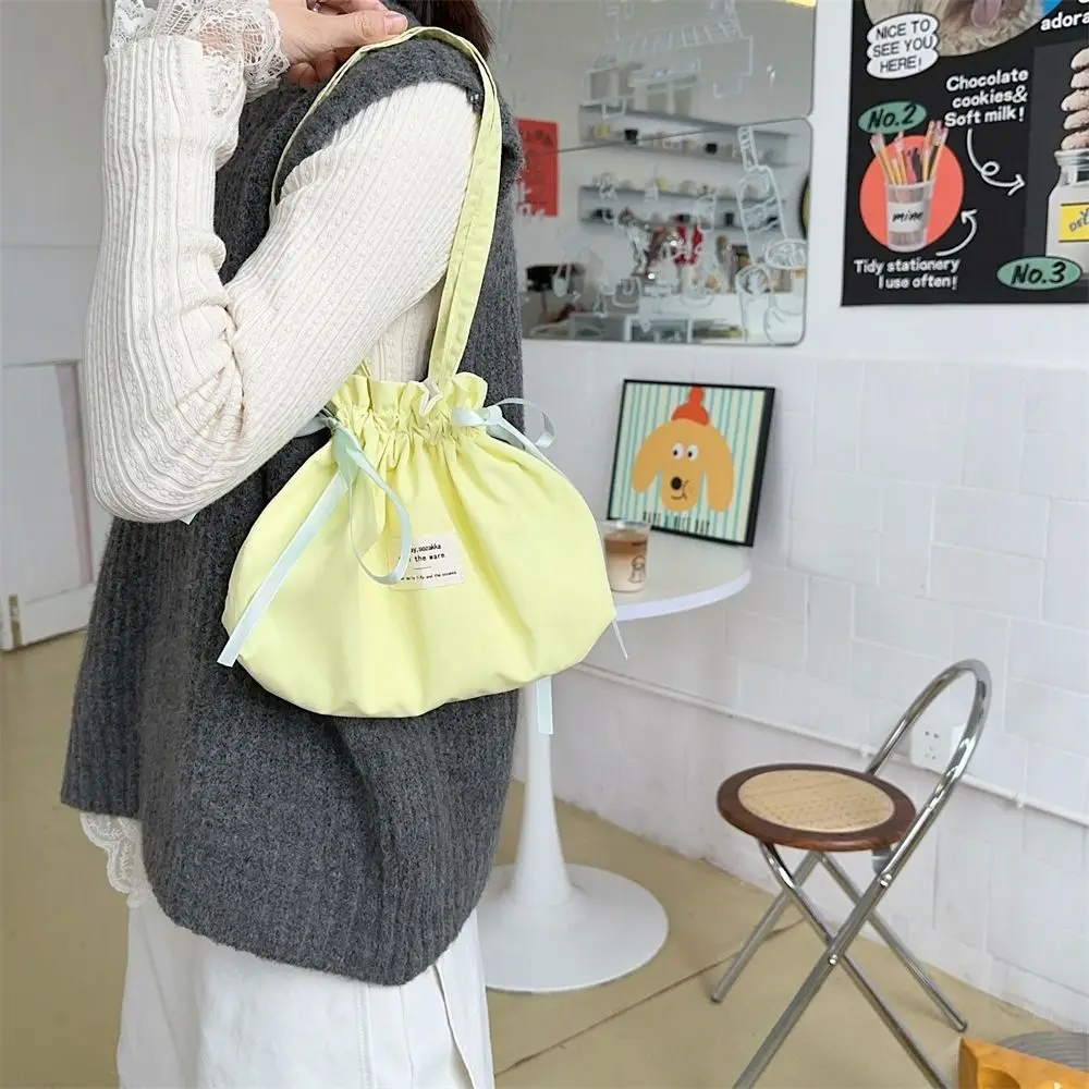 

Solid Color Bow Ribbon Handbag Lightweight Small Tote Bag Simple Shoulder Bag Fashion Design Handheld Bag Drawstring Bag Girls