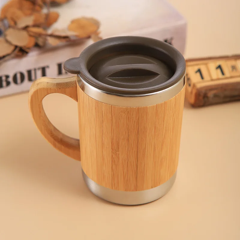 

12OZ Natural Wooden Tea Water Cups Stainless Steel Liner Drinks Coffee Beer Mugs with Lid Kitchen Bar Drinkware Dropshipping