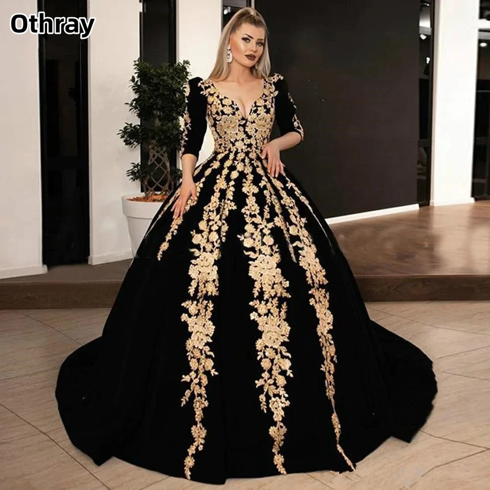 

Othray Sexy V-neck Velvet Formal Evening Dresses Sweep Train Lace Half Sleeve Applique Arabic Formal Prom Dress For Women