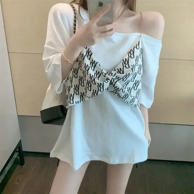

Ladies Fashion Patchwork Camis Pullovers Summer Sexy T-Shirts Solid Color Tops Oversized Mid Length Version Women's Clothing