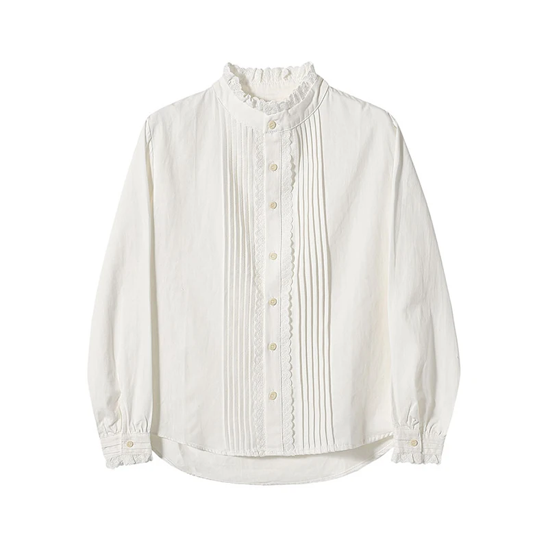 French Sweet White Stand Up Collar Pleated Shirt Women Long Sleeve Lace Patchwork Loose Casual Blouse Spring Autumn Shirt