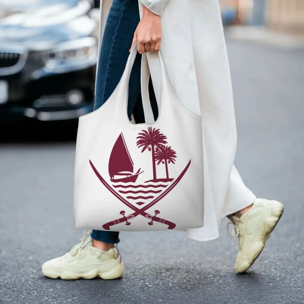 Custom Cute Printing Emblem Of Qatar Tote Shopping Bags Portable Canvas Shoulder Shopper Photography Handbags