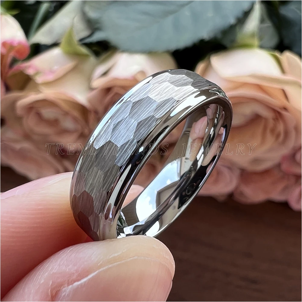 6mm Fine Jewelry Tungsten Carbide Engagement Rings Wedding Bands Hammered Stepped Edges Brushed Finish Comfort Fit