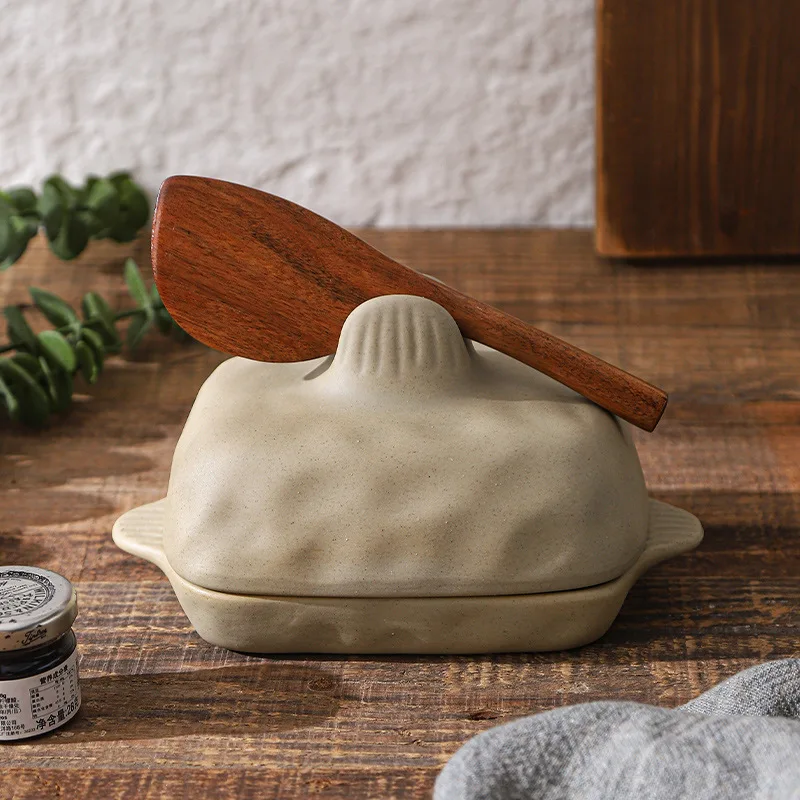 Handmade Stoneware Butter Dish with Lid Creative Textured Ceramic Kitchen Butter Box