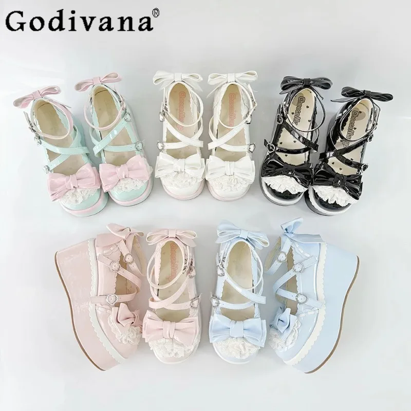 

Lolita Platform Bow Sweet Women's Shoes Japanese Style Cute High Heel Pumps Female Spring Summer Pink Blue Lolita Shoes