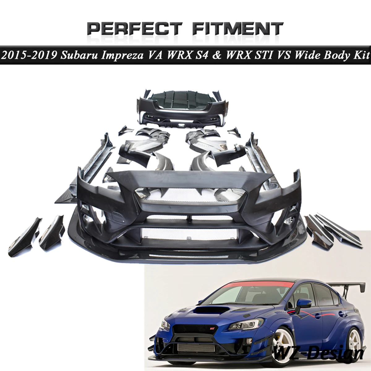 Fiber Glass VS WRX Wide BodyKit Fit For 2015-2019 Subaru Impreza VA WRX S4 & WRX STI Body Kit Bumper Lip Side Skirts Diffuser