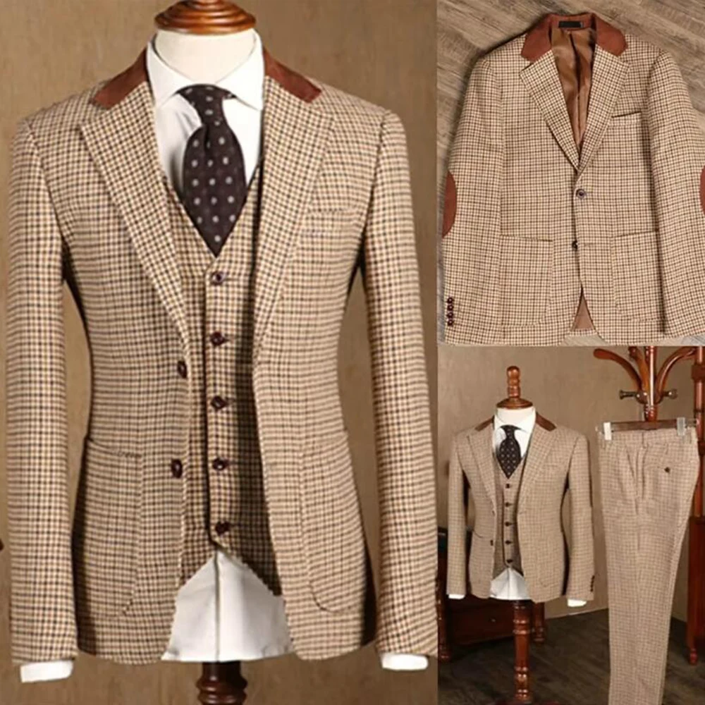

Luxury Brown Plaid Men's Suits Single Breasted 3 Pieces Jacket Pants Vest Blazers Sets Smart Banquet Business Male Clothing