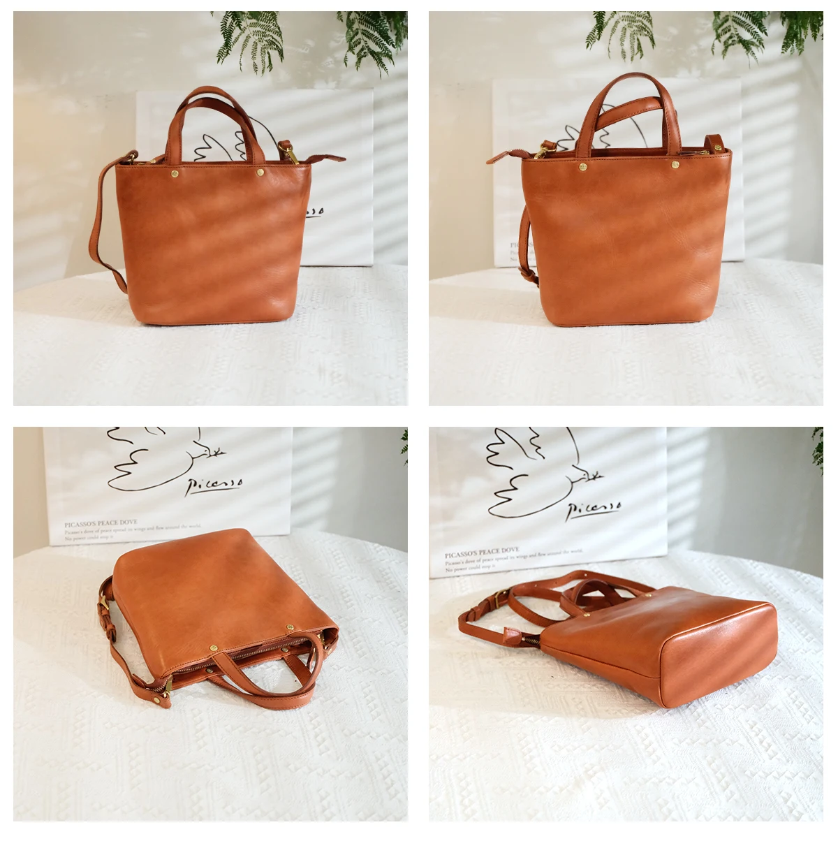 حقيبة يد نسائية عصرية من جلد البقر المدبوغ بالخضروات حقيبة كتف نسائية بسيطة مصنوعة يدويًا من الجلد الأصلي #5