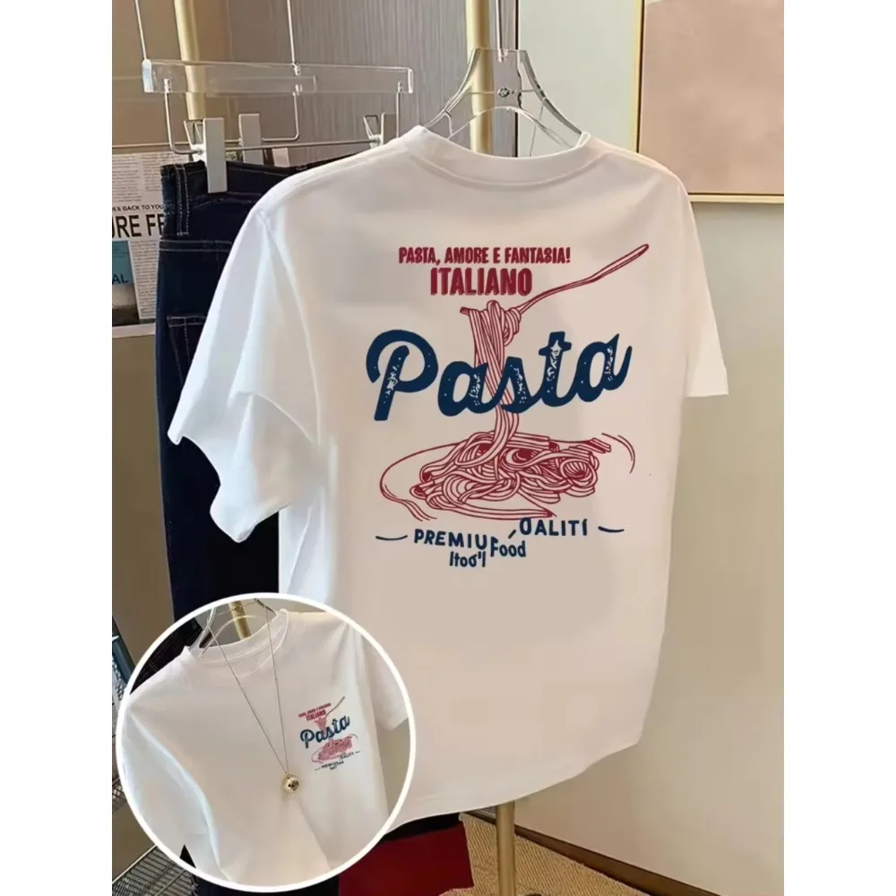 Pasta Lover Graphic T-Shirt Funny Spaghetti & Italian Food Design Men Top for Italian Trip Casual Short Sleeve Round Neck Summer