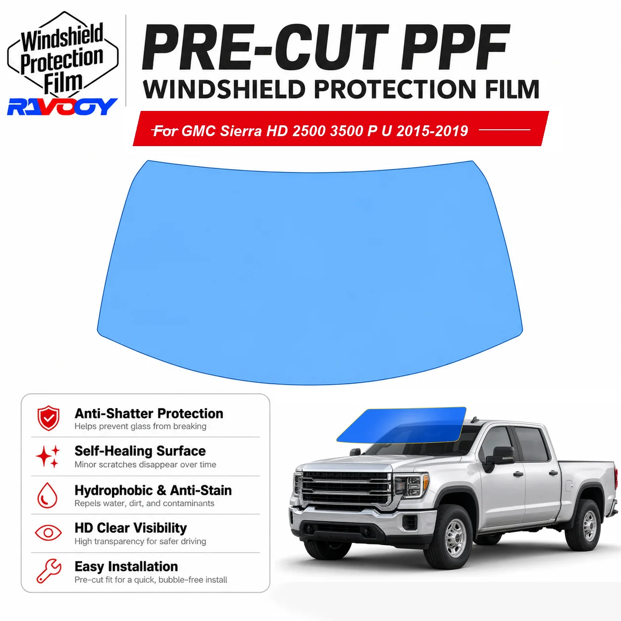 RAVOOY Pre-Cut Front Windshield Protection Film For GMC Sierra HD 2500/3500 P/U 2015-2019 6.5mil Clear TPU UV Blocking Tool Kit