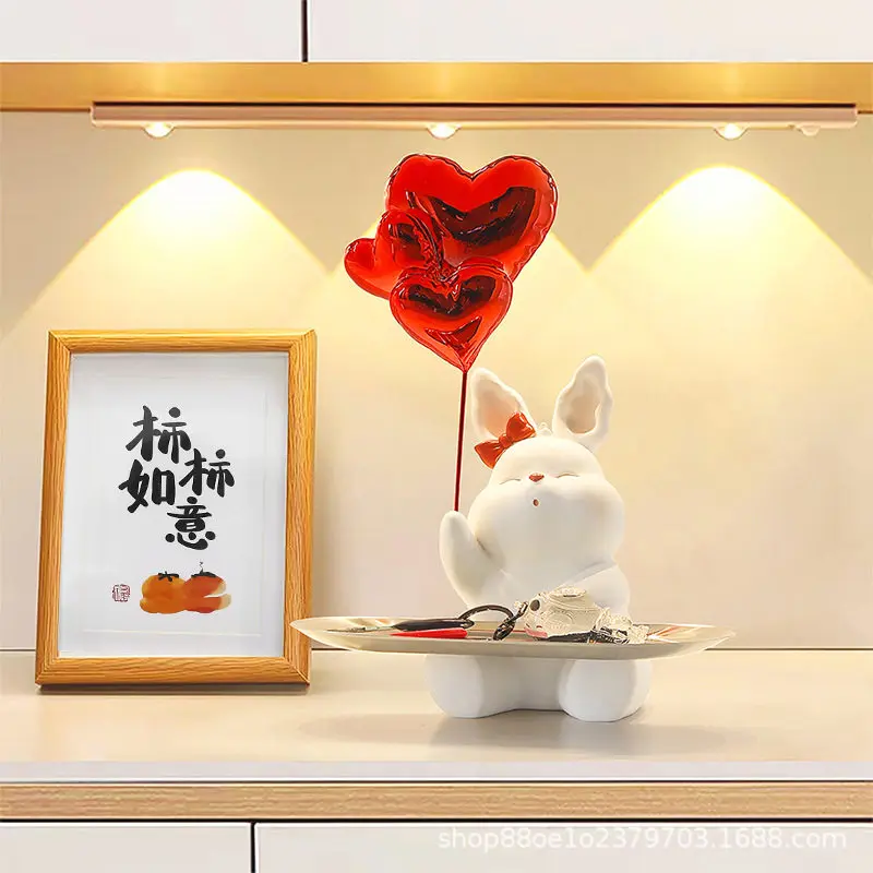 Kawaii Rabbit Sculpture Desktop Jewelry Tray Storage Cute Cartoon Statue Resin Model Living Room Ornament Room Decor Girl Gift