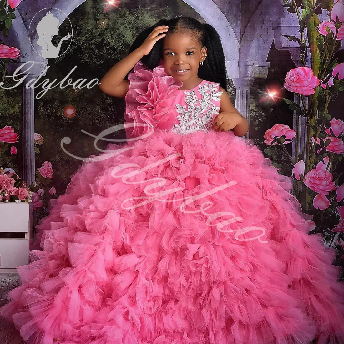 Pink Flower Girl Dress For Wedding Tulle Puffy Applique Sleeveless Princess Kids Birthday Party First Communion Ball Gowns