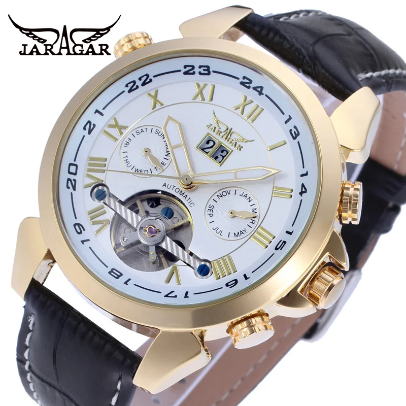 Fashiong Jaragar Top Brand Alloy Automatic Mechanical Casual Tourbillon Roman Scale Calendar Genuine Leather Belt Wrist Watches