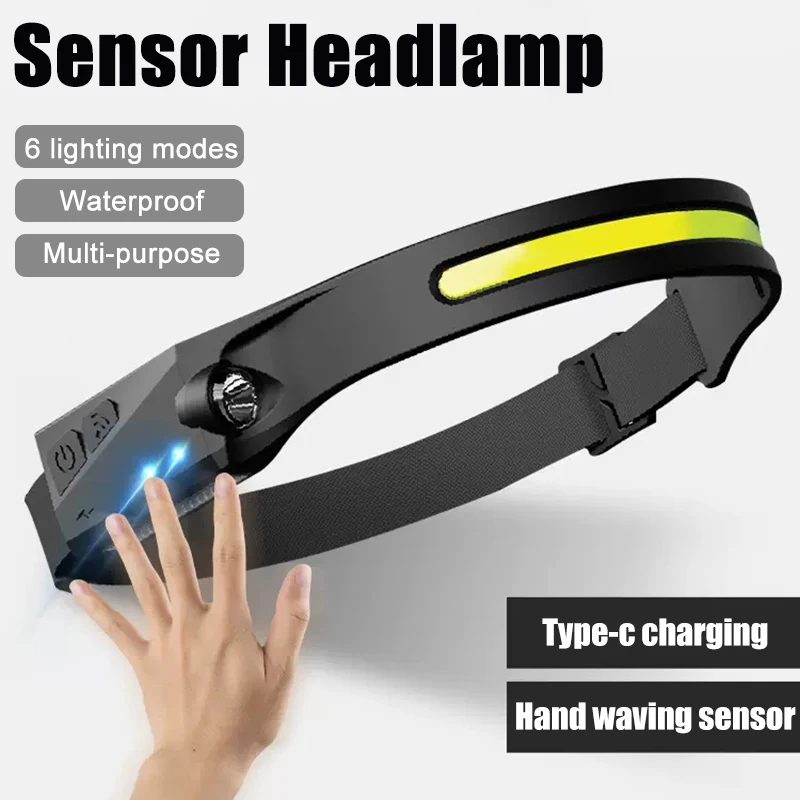 Led Koplamp Sensor Koplamp Oplaadbare Waterdichte Zoeklicht Hoofd Zaklamp 6 Verlichting Modi Voor Camping Vissen Wandelen