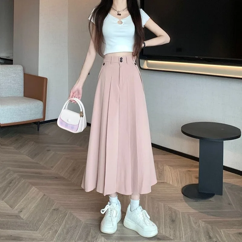 Pleated Skirts Women Solid Sweet High Waist Midi Elegant Fashion Fairycore Autumn New Female All-match Casual Button Design Chic