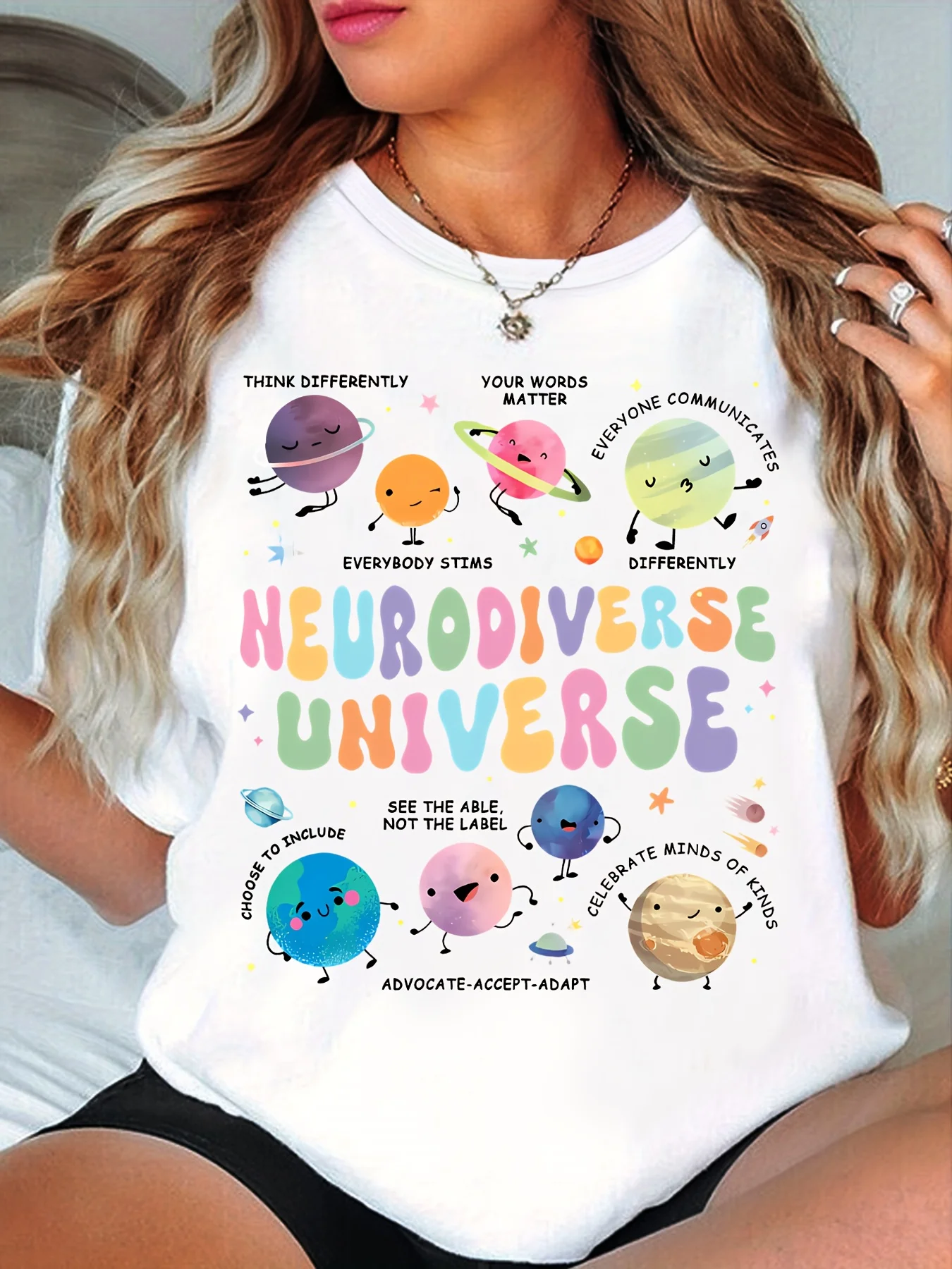 

Neurodiverse Universe Planets Graphic Tee Soft Cotton Casual Crewneck T-Shirt Gift for Teacher