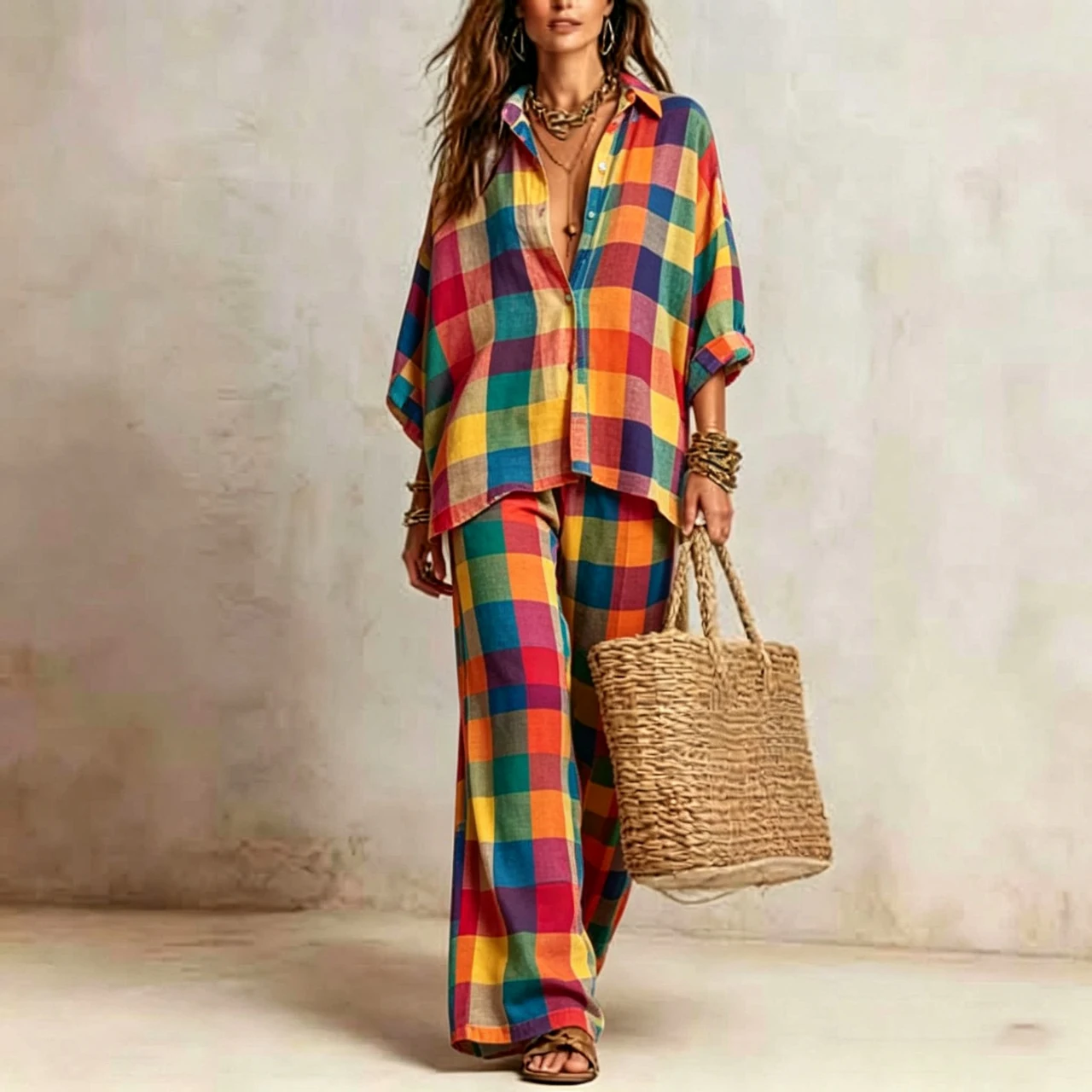 

Summer New Colorful Plaid Print Set Women Lapel Collar Shirt Top+High Waist Wide Leg Pants Vacation Style Loose 2 Piece Suit