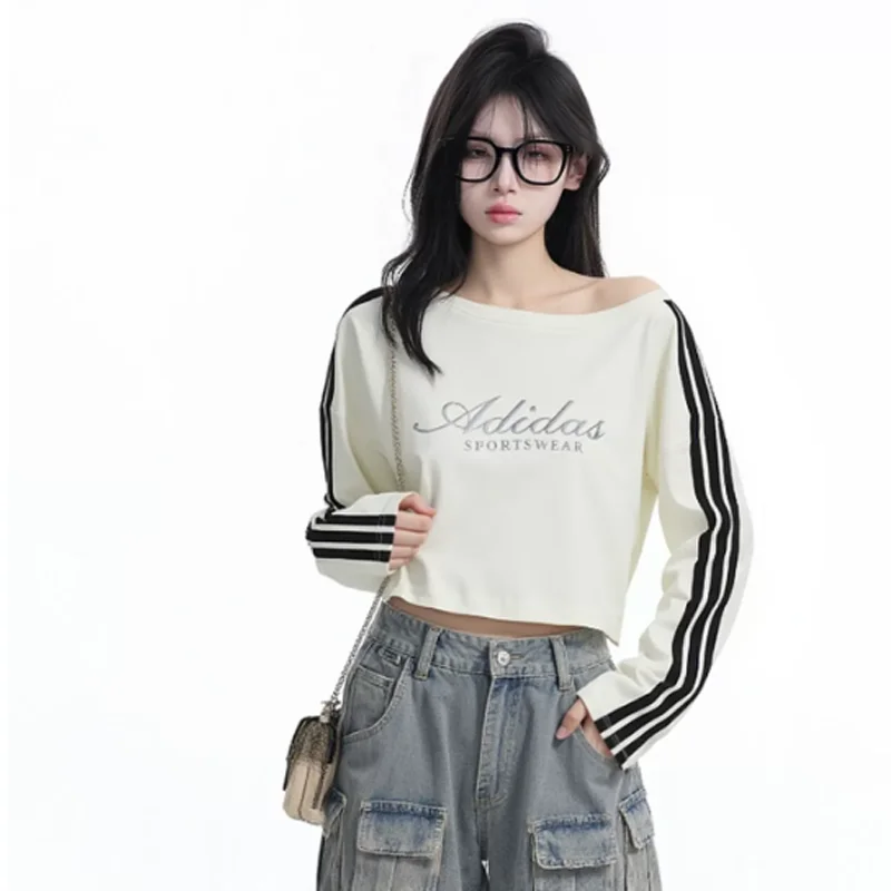 Women adidas KX8971 Cream 3-Stripes Drawstring Crop Long Sleeve Tee Soft Casual Y2K Street Sport Daily Outfit Top Wear