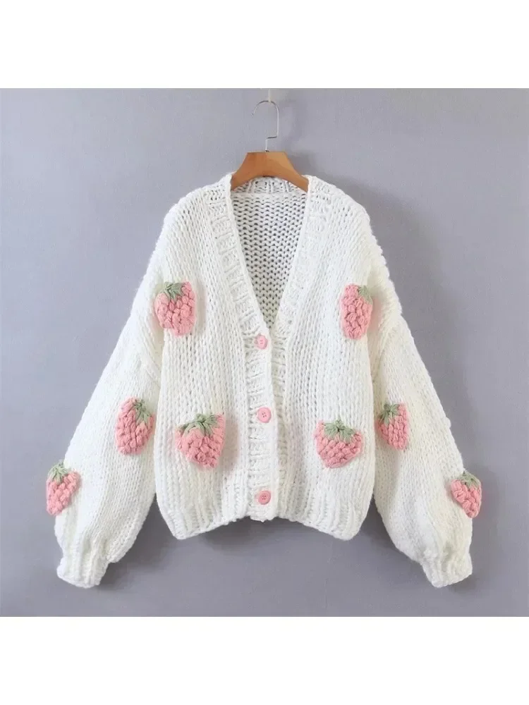 Strawberry Knitted Cardigan Sweater Fashionable Versatile Sweet High Stree Casual Women\'s V-neck Loose Lantern Sleeve Jacket