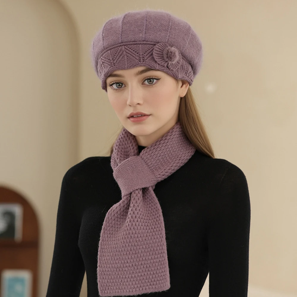 الشتاء أمي قبعة وشاح المرأة المألوف الأرنب الفراء قبعات منسوجة الطقس البارد قبعة تدفئة عادية في الهواء الطلق محبوك قبعة #3