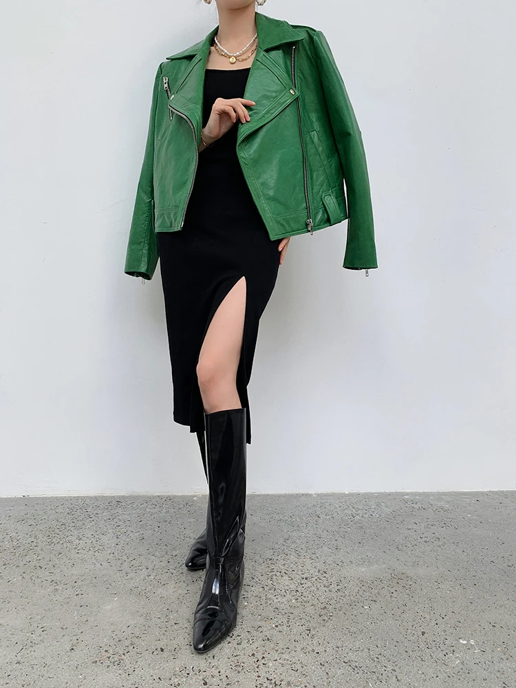 痩身効果短縮オイルワックス本物のシープスキンレザージャケット女性のオートバイスタイルルーズフィットグリーンアウターウェア