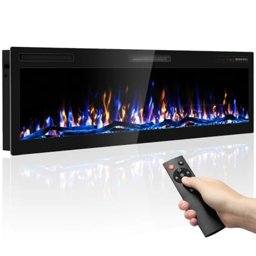 

60-дюймовый электрический камин, настенный, встраиваемый, с дистанционным управлением, регулируемый цвет, реалистичный таймер пламени, 1500 Вт, 750 Вт, 400 кв.f