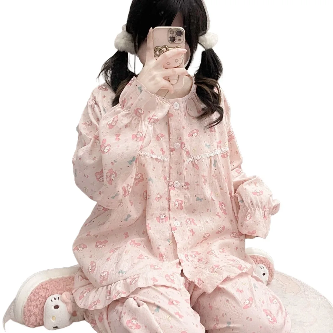 ملابس نوم بينك ماي ميلودي بأكمام طويلة ملابس منزلية نسائية موضة الخريف ديزني كارتون كوكي آن ملابس نوم طقم بيجامات للفتيات