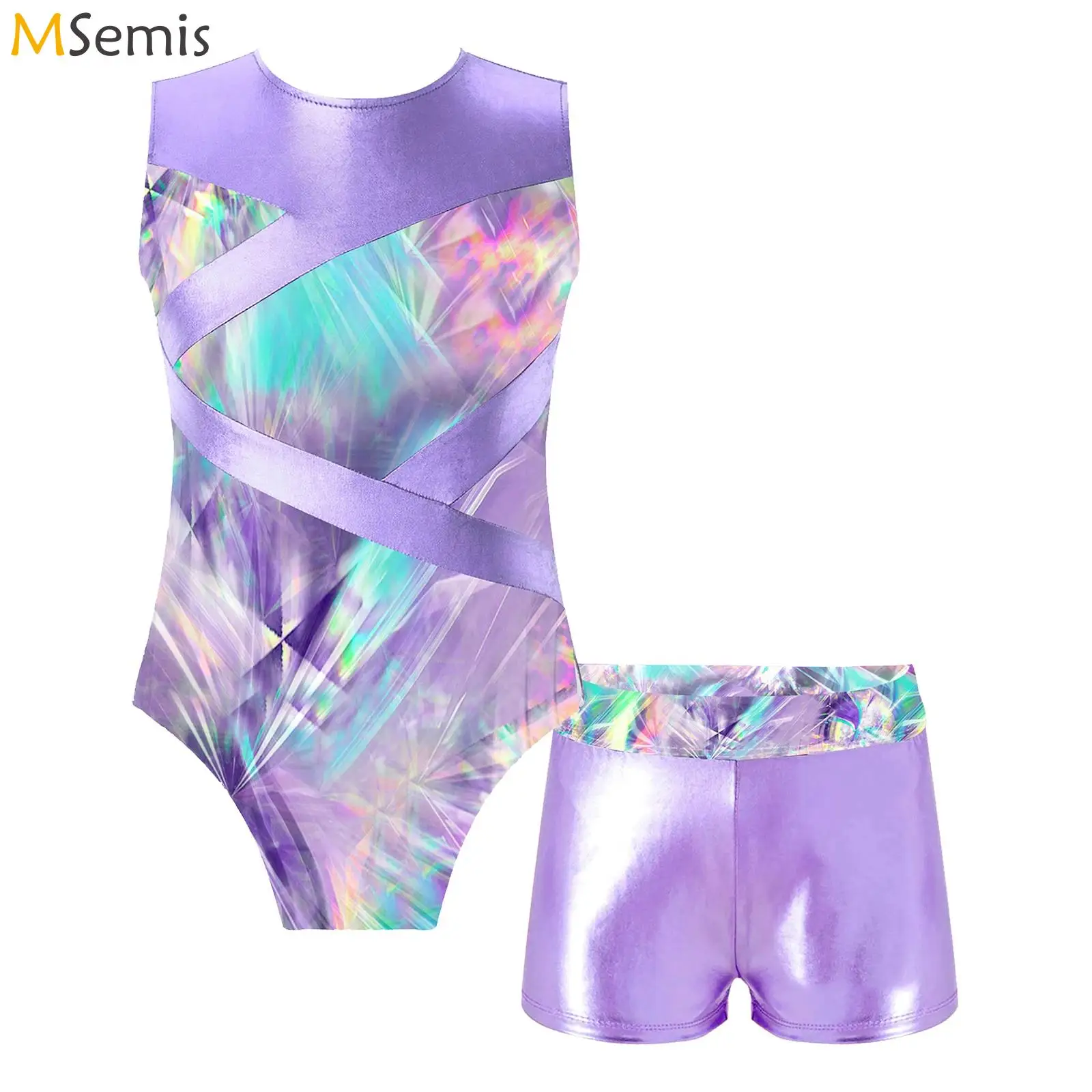 Kids Girls Ballet Dance Sets Sleeveless Hollow Out Printed Patchwork Leotard with Shorts for Gymnastics Workout Sports Swimsuit